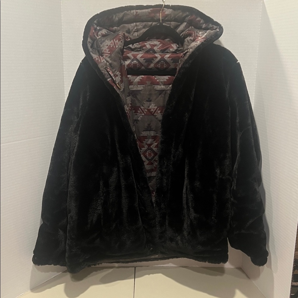 Pendleton Ladies’ Hooded Reversible Faux Fur/Native-Inspired Aztec Jacket - Picture 1 of 14